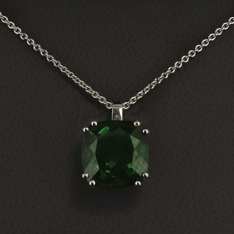 Cushion Cut Green Quartz 6.07ct Claw Set Pendant Necklace in 18kt White Gold on a 16 Inch White Gold Chain
