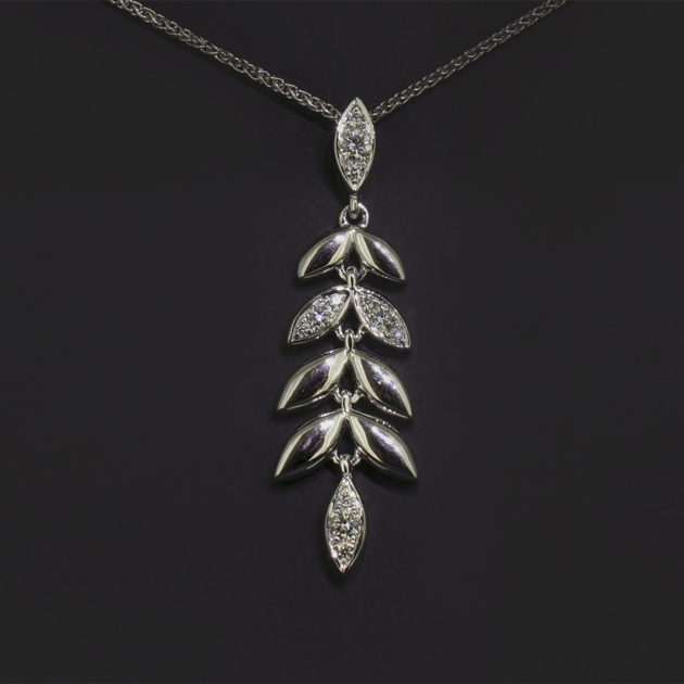 18kt White Gold Pavé Set Diamond Leaf Design Necklace, Round Brilliant Cut Diamond, 0.16ct (12) on an 18kt White Gold Spiga Chain