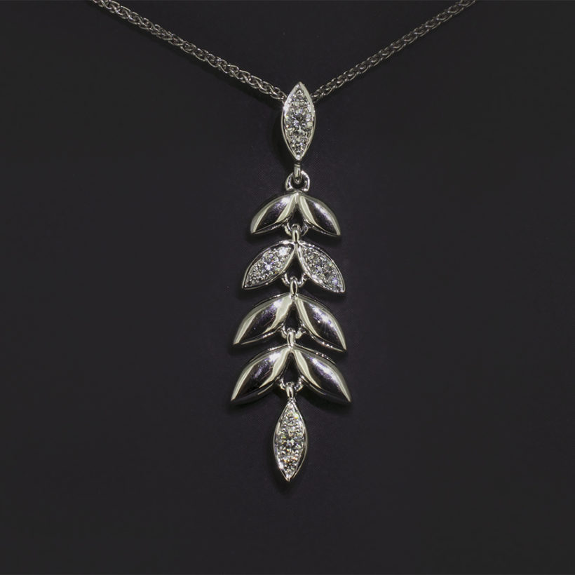18kt White Gold Pavé Set Diamond Leaf Design Necklace, Round Brilliant Cut Diamond, 0.16ct (12) on an 18kt White Gold Spiga Chain