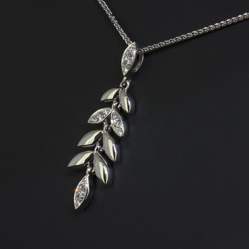 18kt White Gold Pavé Set Diamond Leaf Design Necklace, Round Brilliant Cut Diamond, 0.16ct (12) on an 18kt White Gold Spiga Chain