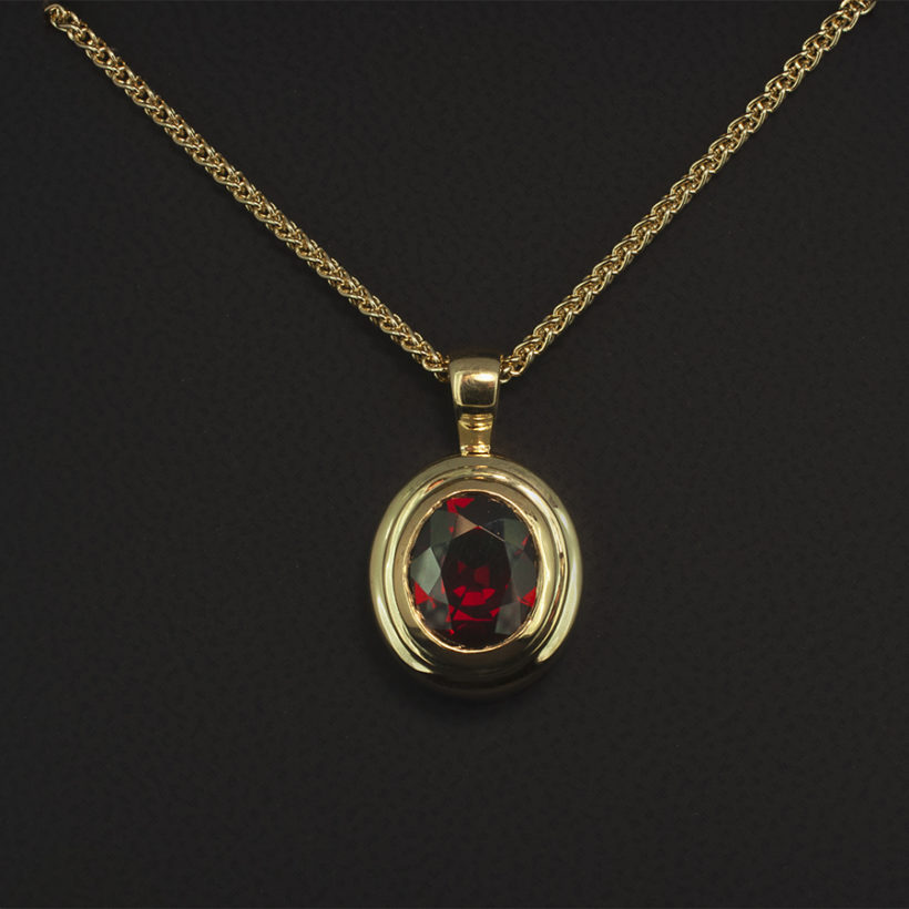 Oval Cut Garnet 4.89ct Pendant Necklace in 9kt Yellow Gold Rub over Setting on 18 Inch Chain