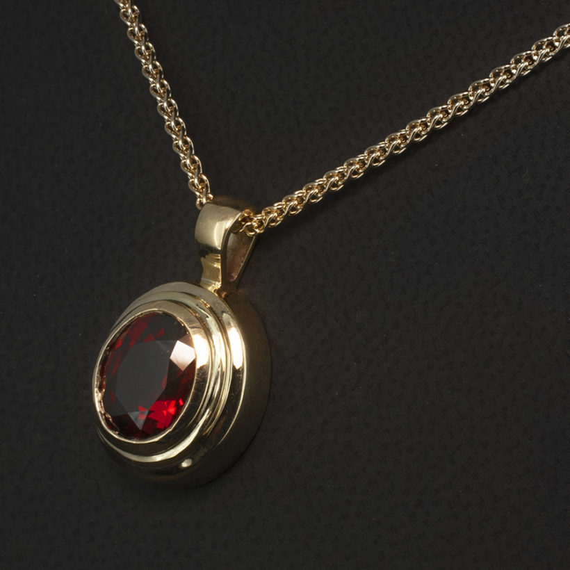 Oval Cut Garnet 4.89ct Pendant Necklace in 9kt Yellow Gold Rub over Setting on 18 Inch Chain