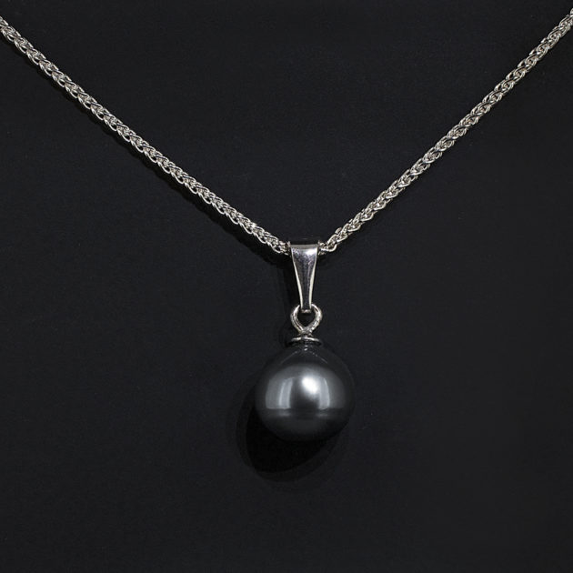 Sterling Silver Pearl Drop Pendant, 9mm Tahitian Pearl, Solid Silver Bale on Sterling Silver Spiga Chain