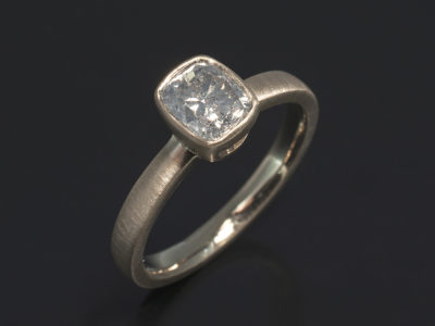 Ladies Solitaire Diamond Engagement Ring, Rub over Set 18kt White Gold Non-Palladium Alloy, Cushion Cut Grey Diamond 0.91ct
