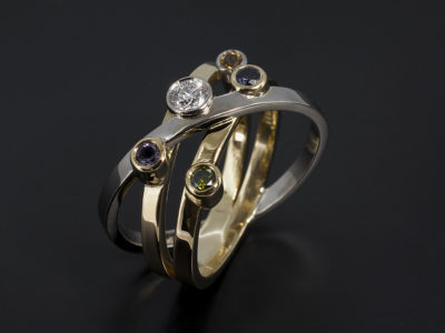 Ladies Eternity or Dress Ring, 18kt White and Yellow Gold Birds Nest Design, 20 Round Cut mixed Stones, Green Diamond, Amethyst, Sapphire, Citrine