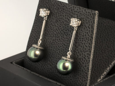 18kt White Gold Drop Diamond and Tahitian Pearl Earrings, 8mm Pearls, Round Brilliant Cut 0.45ct Total F Colour SI Clarity Min