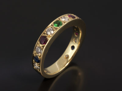 Ladies Full Eternity Ring, 18kt Yellow Gold Pavè Set Design, Round Brilliant Cut Diamonds 0.67ct (8), Round Sapphires 0.24ct (2), Round Rubies 0.36ct (3), Round Emeralds 0.16ct (2)