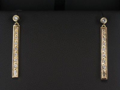 18kt Yellow Gold Pavè and Rub over Set Diamond Drop Earrings, Round Brilliant Cut and Baguette Cut Diamonds GH Colour SI Clarity 0.73ct Total