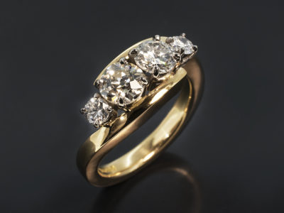 Ladies 4 Diamond Engagement Ring, 18kt Yellow Gold and Platinum Claw Set Twist Design, Round Brilliant Cut Diamond Approx 0.70ct, I-J Colour, SI Clarity, Approx 0.60ct, G-H Colour, I Clarity, Approx 0.30ct (2), E-F Colour, VS Clarity