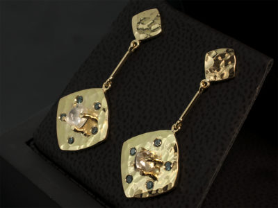 18kt Yellow Gold Textured Design Diamond Drop Earrings, Rough Diamonds 1.27ct Total, 0.15ct Round Brilliant Cut Treated Blue Diamonds with Locking Fittings