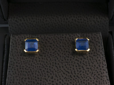 18kt Yellow Gold Half Rub over Set Sapphire Stud Earrings, Asscher Cut Sapphires 1.26ct Total