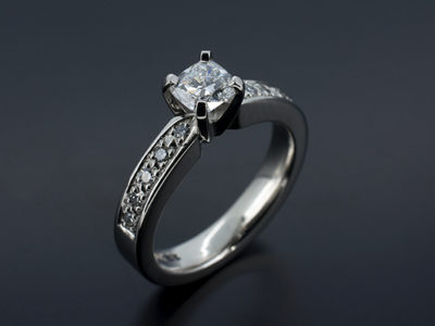 Ladies Diamond Engagement Ring, Claw and Pave Set Palladium Design, Cushion Cut Diamond 0.57ct with Pavè Set Shoulders