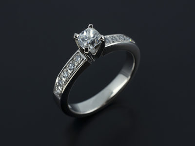 Ladies Diamond Engagement Ring, 4 Claw and Pave Set Palladium Design, Cushion Cut Diamond 0.50ct, Pavè Shoulders with Round Brilliant Cut Diamonds x10
