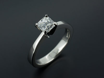 Ladies Solitaire Diamond Engagement Ring, Platinum 4 Claw Set Design, Cushion Cut Diamond, 0.70ct