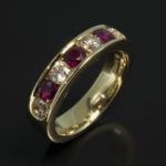 Ladies Diamond and Ruby Eternity Ring, Yellow Gold Channel Set Design, 3,5mm Rubies and Round Brilliant Cut Diamonds