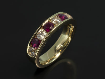 Ladies Diamond and Ruby Eternity Ring, Yellow Gold Channel Set Design, 3,5mm Rubies and Round Brilliant Cut Diamonds