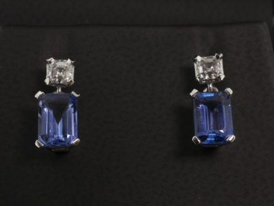 18kt White Gold Claw Set Tanzanite and Diamond Stud Earrings, Tanzanite 1.83ct, Asscher Cut White Diamonds 0.38ct