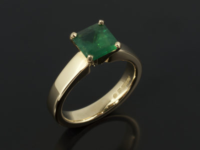 Bespoke emerald ring, Asscher Cut Emerald 1.01ct in 4 claw Yellow Gold setting and band