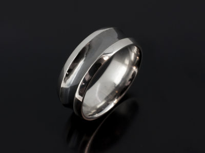 Gents 8mm Platinum Chamfered Edge Concave Design Wedding with Black Rhodium Plated Centre