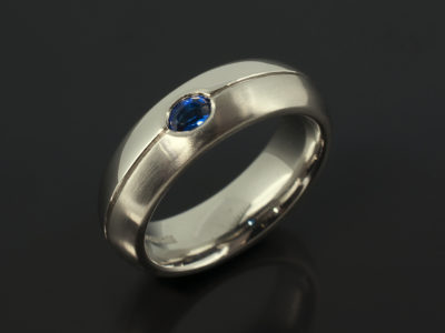 Gents Sapphire Solitaire Engagement Ring, Palladium Secret Set Design, 6mm Width with Grooved Detail, Oval Cut Sapphire 0.15ct