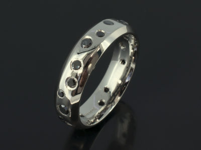 Gents Palladium Wedding Ring Chamfered with Round scatter Black Diamonds