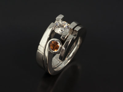 Platinum Fitted Wedding Ring with Rub Over Set Round Brilliant Cut Orange Sapphire