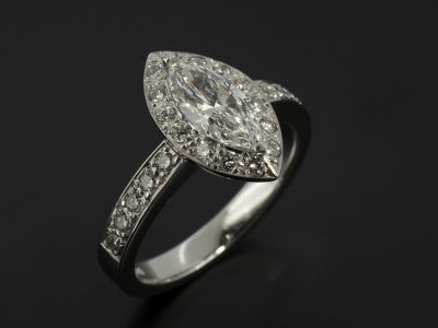 Ladies Diamond Halo Engagement Ring, Platinum Claw and Pavé Set Design, Marquise Cut Diamond Centre Stone 0.70ct, E Colour, VS2 Clarity, Round Brilliant Cut Diamond Shoulders