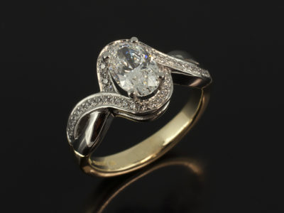Ladies Diamond Engagement Ring, Platinum and 18kt Yellow Gold Pavé Set Twist Design, Oval Cut Diamond 1.22ct, E Colour, SI1 Clarity, EXVG, Round Brilliant Cut Diamond Pavé Set Shoulders 0.22ct Total