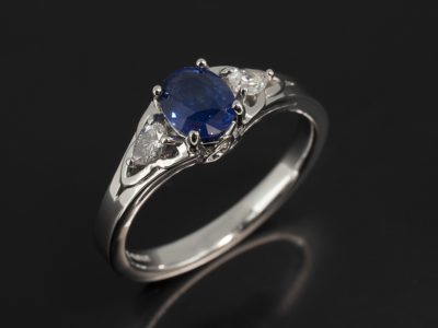 Oval Sapphire 1.82ct with Side Pear Cut Diamonds 0.32ct in a Platinum Trilogy Celtic Split Band Design