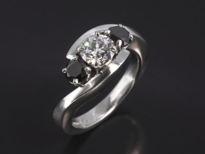 Ladies Diamond and Black Diamond Trilogy Engagement Ring, Platinum Claw Set Design, Round Brilliant Cut Diamond 0.64ct, E Colour, VS1 Colour, EXEXEX, No Fluorescence, Round Brilliant Cut Black Diamonds Approx 0.60ct (2)