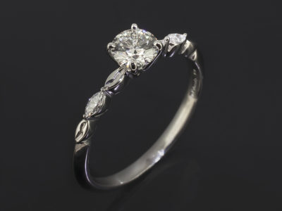 Ladies Trilogy Diamond Engagement Ring, Platinum Claw Set Design, Round Brilliant Cut Diamond Centre Stones, Marquise Cut Diamond Shoulders