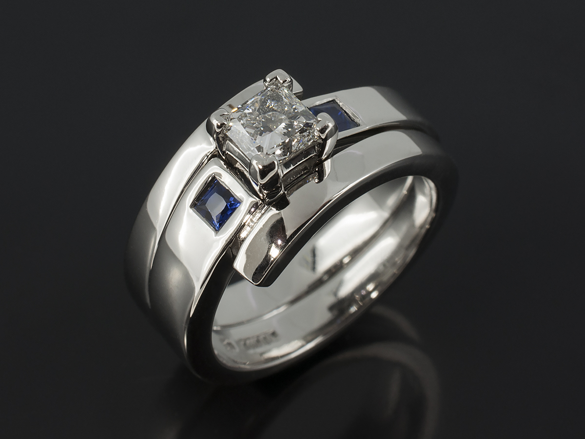 Emerald Cut Synthetic Blue Sapphire Ring with Simulated Diamonds |  Vansweden Jewelers