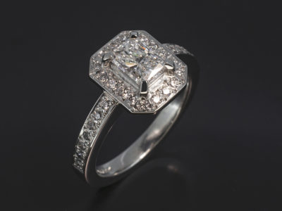 Ladies Diamond Halo Engagement Ring, Platinum Claw and Pavé Set Design, Radiant Cut Diamond Centre Stone 0.54ct, E Colour, VS2 Clarity, EXEX, Round Brilliant Cut Diamond Halo and Shoulder 0.25ct (32)