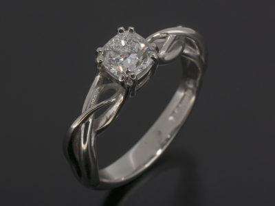 Ladies Solitaire Diamond Engagement Ring, 4 Claw Platinum Design with Lattice Detail, Cushion Cut Diamond 0.70ct