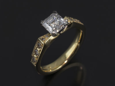 Ladies Diamond Engagement Ring, Platinum and 18kt Yellow Gold Claw and Pavé Set Design, Asscher Cut Diamond Centre Stone 0.91ct, D Colour, SI1 Clarity, Round Brilliant Cut Diamond Shoulder Approx 0.20ct (10)