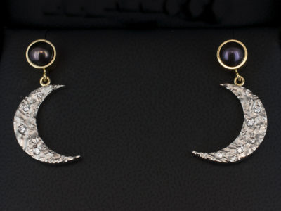 Platinum and 18kt Yellow Gold Diamond and Pearl Crescent Moon Design Drop Earrings with Round Rub Over Set Freshwater Pearl and Round Brilliant Cut Diamonds 0.14ct Total with Locking Fittings