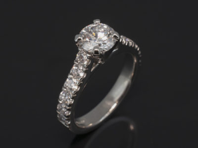 Ladies Diamond Engagement Ring, Platinum Claw and Castle Set Design, Round Brilliant Cut Diamond 1.20ct, E Colour, SI1 Clarity, Round Brilliant Cut Diamond Shoulders 0.80ct (12), F Colour, VS Clarity