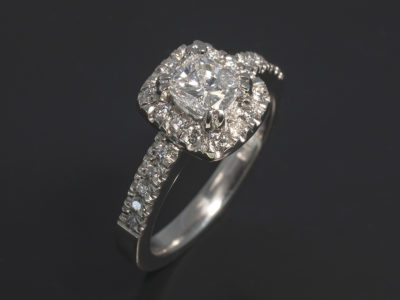 Ladies Diamond Engagement Ring, Platinum Claw Set Halo & Shoulder Design, Cushion Cut Diamond, 0.51ct, D Colour, VS2 Clarity. Good Polish, Good Symmetry