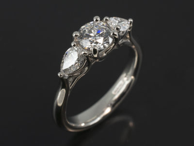 Ladies Trilogy Diamond Engagement Ring, Platinum Claw Set Design, Round Brilliant Cut Diamond Centre Stone 0.61ct, E Colour, SI2 Clarity, EXEXEX, Pear Shape Diamond Side Stones 0.39ct (2)