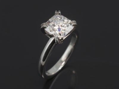 Ladies Solitaire Diamond Engagement Ring, Double Claw Platinum Design, Cushion Cut Diamond, 2.06ct, F Colour, VS2 Clarity, EX Polish, EX Symmetry