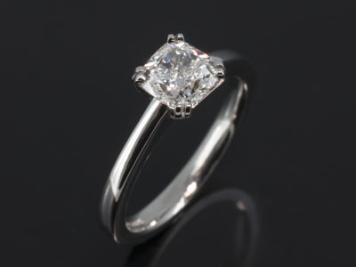 Ladies Solitaire Diamond Engagement Ring, Platinum Double Claw Set Design, Cushion Cut Diamond, 1.20ct, F colour, VVS2 Clarity, Excellent Polish, Very Good Symmetry