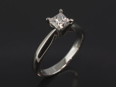 Ladies Solitaire Diamond Engagement Ring, Platinum 4 Claw ‘V’ Set Design, Princess Cut Diamond 0.60ct, D Colour, SI2 Clarity, VG Polish, EX Symmetry, No Fluorescence