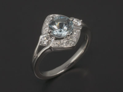 Platinum Pavé and Claw Set Design. 6mm Rbc Aquamarine, Rbc Diamond 0.26ct