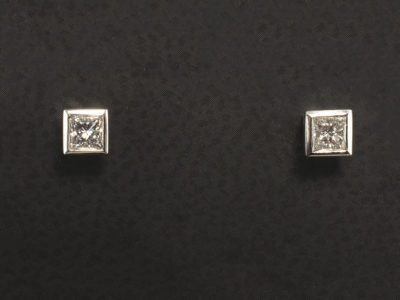 Platinum Rub over set Diamond Stud Earrings, Princess Cut Diamonds 0.26ct Total F-G Colour VS Clarity