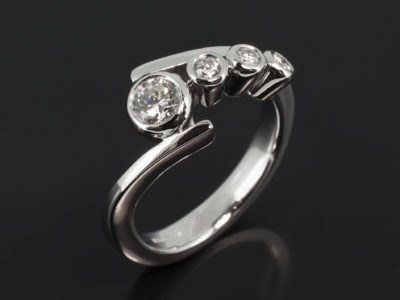 Ladies 4 Diamond Engagement Ring, Platinum Rub over Set Contemporary Cross Over Design, Round Brilliant Cut Diamond