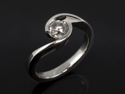 Ladies Solitaire Diamond Twist Engagement Ring, Platinum Tension Set Design, Old Miners Cut Diamond Approx 0.80ct