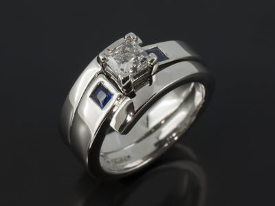 Princess Cut Diamond and Sapphire Twist Engagement Ring with Fitted Wedding Ring in Palladium