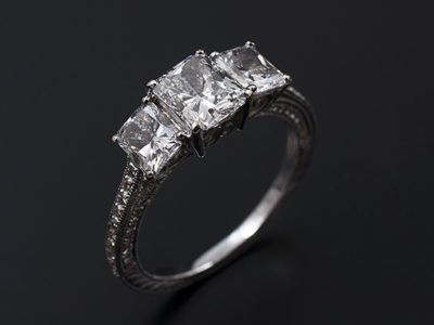 Ladies Trilogy Diamond Engagement Ring, Platinum Claw Set Design, Radiant Cut Diamonds x3, Millgrain Band Detail