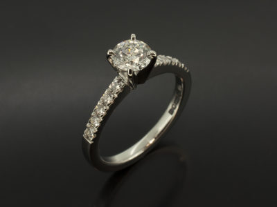 Ladies Diamond Engagement Ring, Platinum 4 Claw and Castle Set Design, Round Brilliant Cut Diamond 0.56ct, E Colour, SI1 Clarity, EXEXEX, Round Brilliant Cut Diamond Shoulders