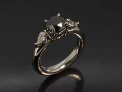 Ladies Trilogy Black Diamond Engagement Ring, Platinum Claw Set Design, Round Brilliant Cut Black Diamond 1.19ct, Kite Shaped Diamond Side Stones 0.36ct (2), F Colour, VS Clarity